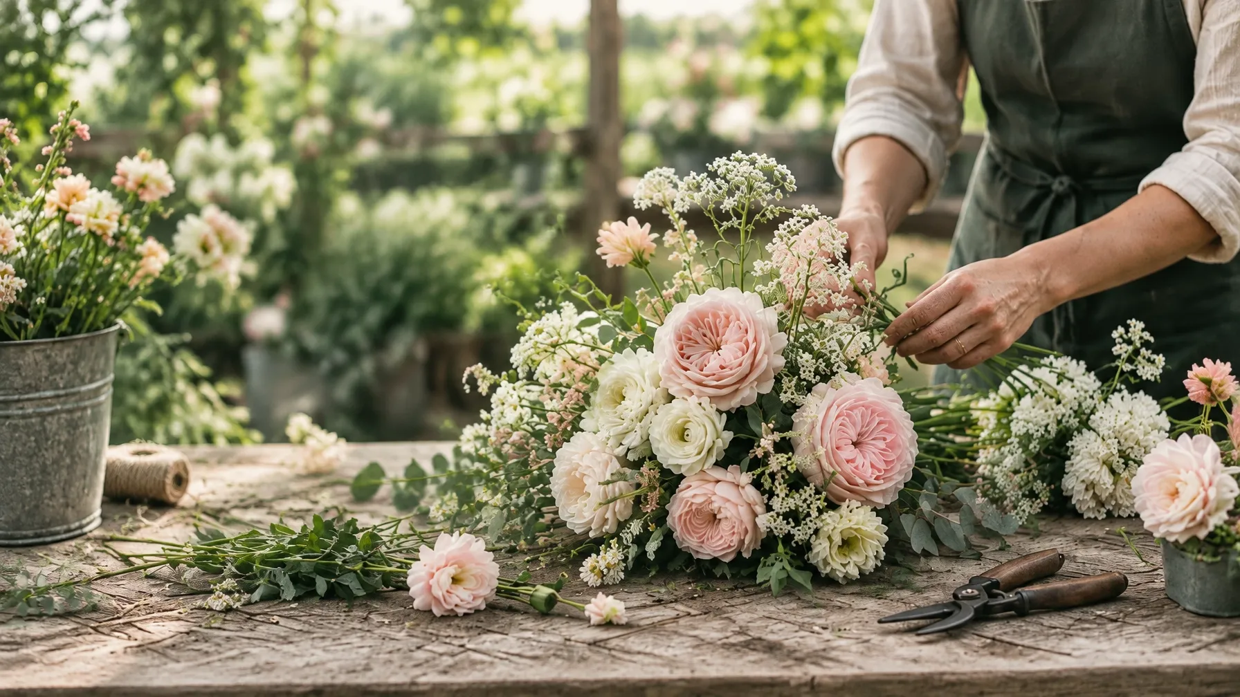 Florist arranging seasonal blooms at a flower farm