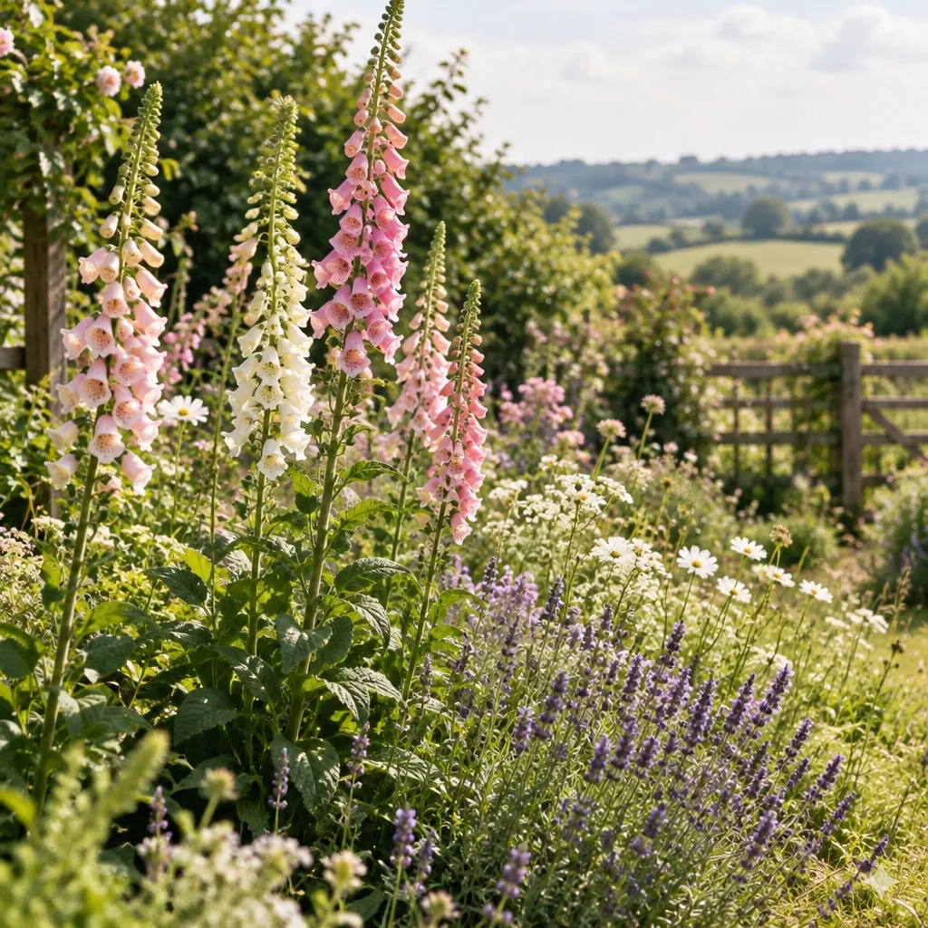A cottage garden border of foxgloves and seasonal flowers